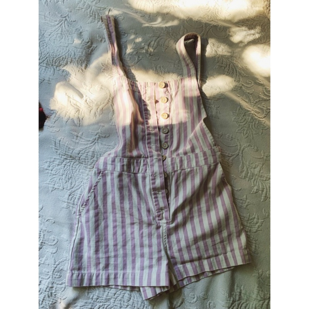 Purple striped overall shorts